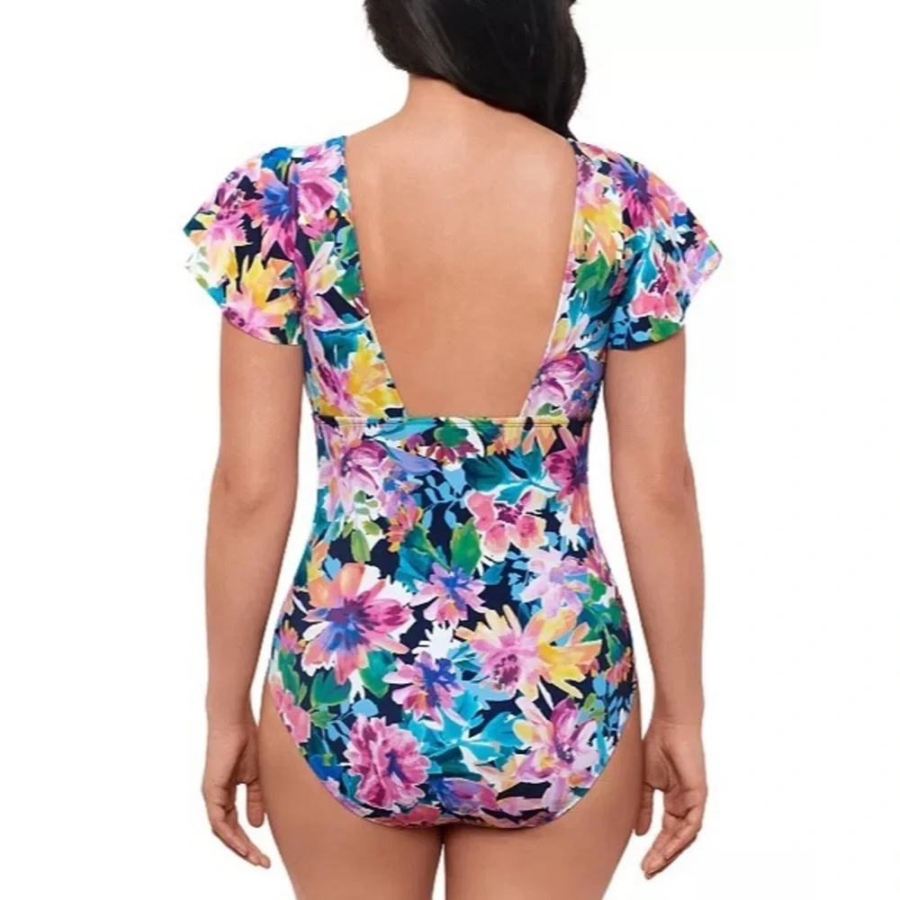 Swim Solutions Garden‎ Dreams Print Flutter Sleeve One-Piece Swimsuit Size 12 - Picture 2 of 7